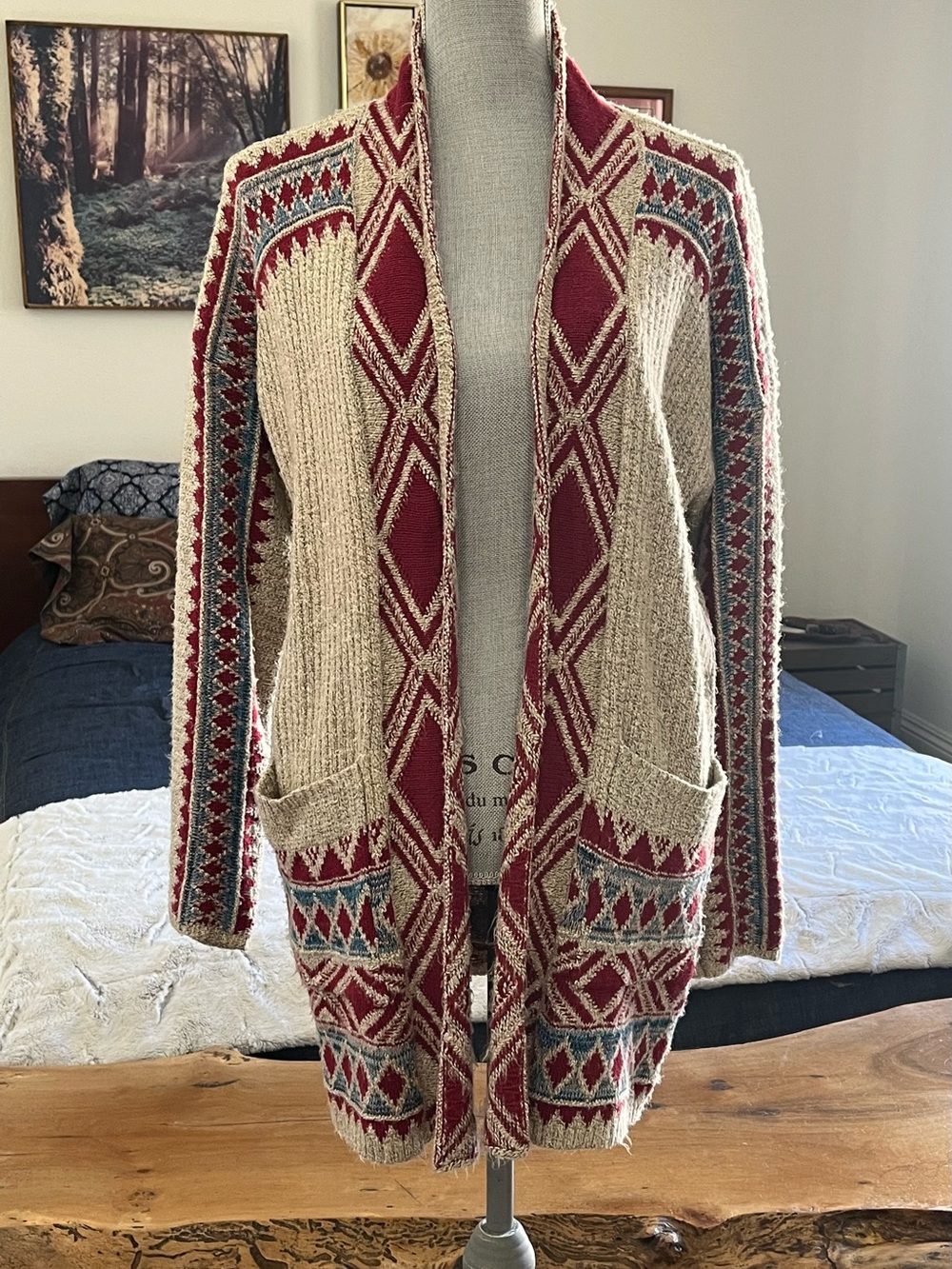 Lucky Brand Long Open Front Cardigan Cotton Blend Vintage Look & Feel
